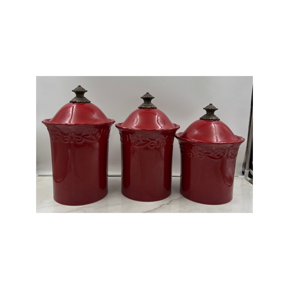 Chris Madden JCP Home Red Ceramic Canister Set 3pc Scroll Finial Kitchen Storage